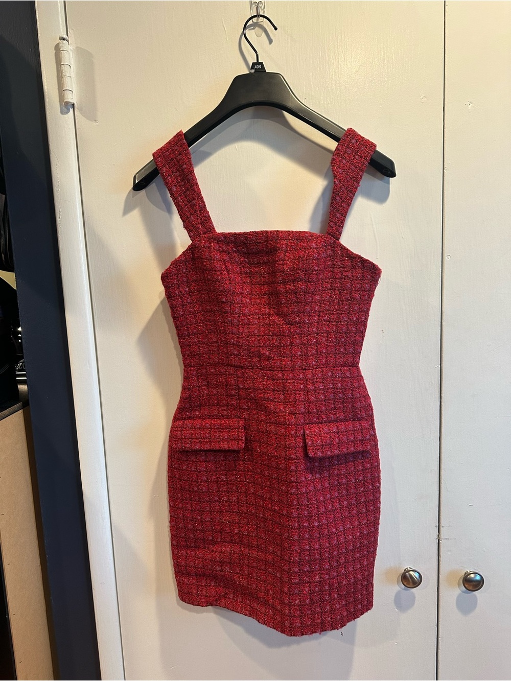 Commense Red Tweed Square-Neck Mini Dress